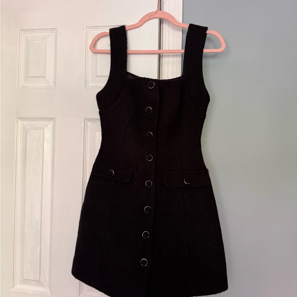 Meshki Desire Boucle Black Tweed Square Neck Mini Dress with Button Front - Picture 2 of 4